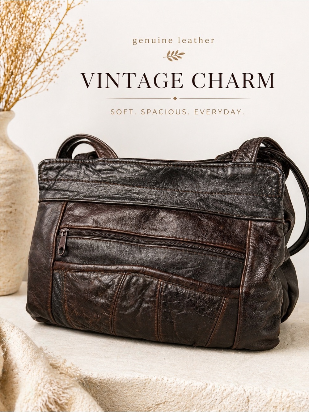 Vintage Genuine Leather Tote Bag Brown Slouchy Made in Mexico